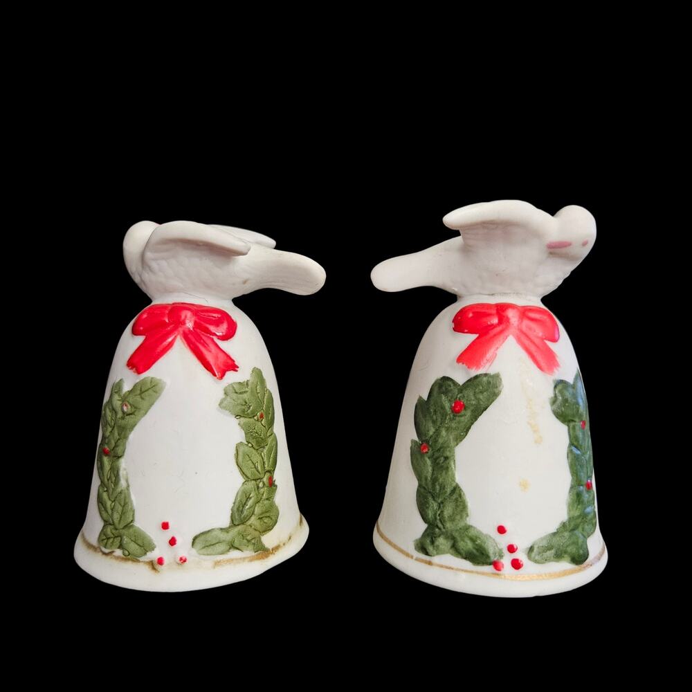 Vintage Christmas Porcelain Bell Pair Birds Holly Wreath Bow Holiday Decor